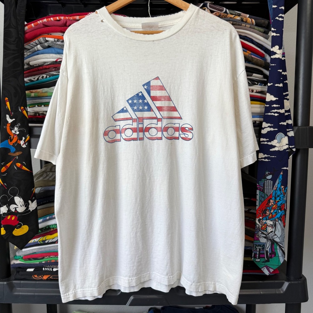90s White Adidas USA Flag Graphic Tee Large Light Marks Distressing